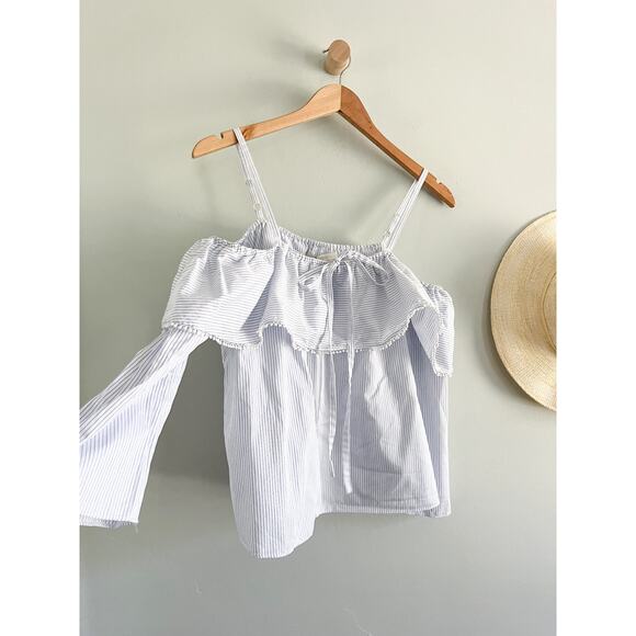 Johnathan Simkhai | Stripe Off the Shoulder Pom Pom Top | Blue White | S - Picture 3 of 11